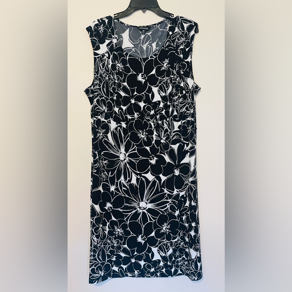 Sleeveless Black and White Floral Dress mid length